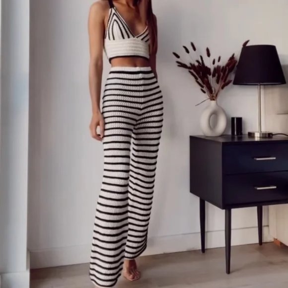 ZARA Openwork High Waist Striped Knit Pants Ecru - Picture 7 of 7